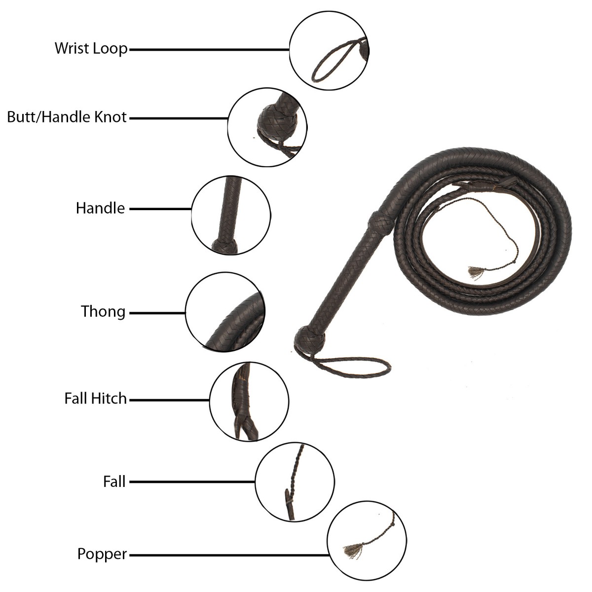 Indiana Jones Bullwhip Genuine Leather Dark Brown 8 Feet Long 12