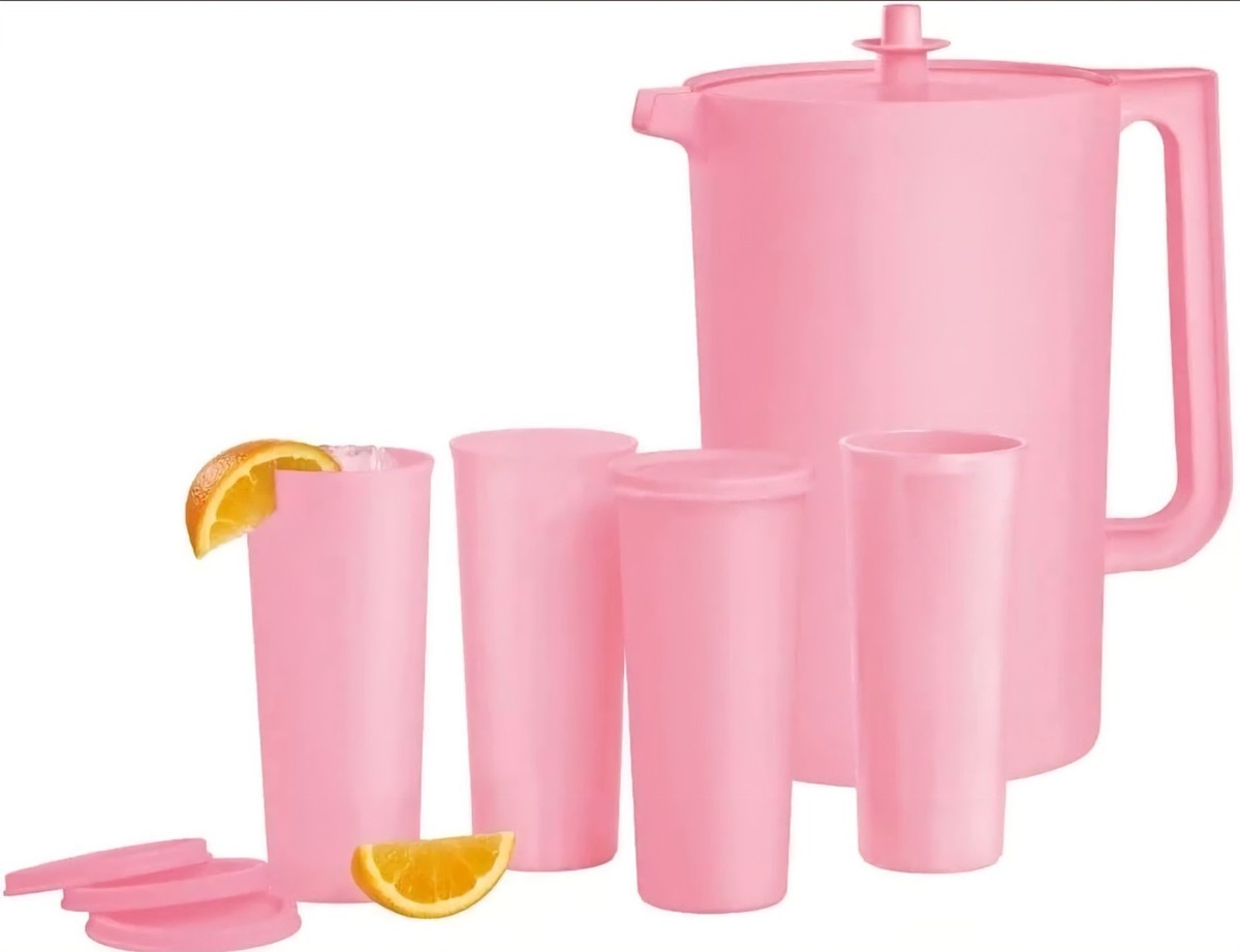 NEW Tupperware Heritage Pink 1 Gallon Pitcher & 4 Tumbler Set With