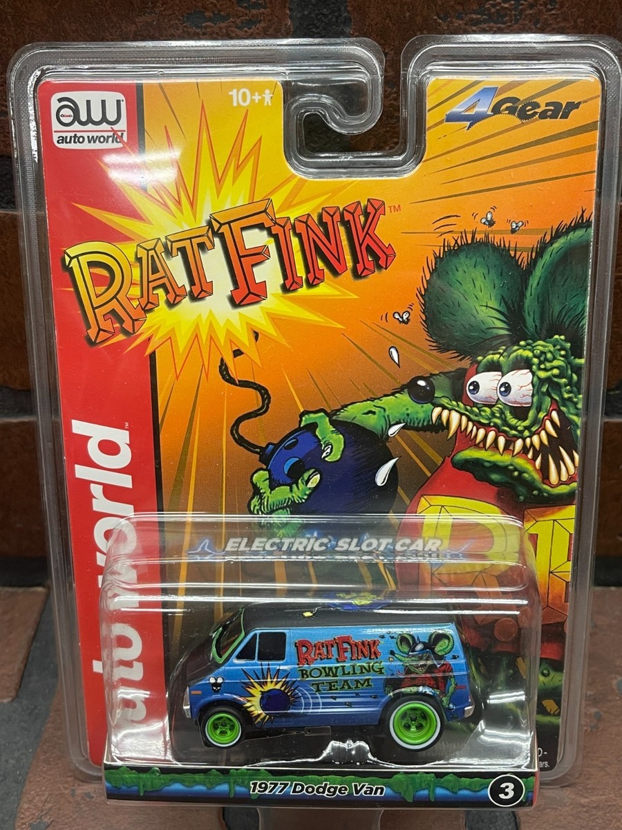 AutoWorld 1/64 Slot Car: 1977 Dodge Van Rat Fink-Flat Black/Blue