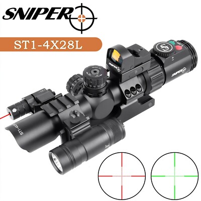 Sniper 1-4X28 Rifle Scope Illuminated Mid-dot Reticle w/ Red laser