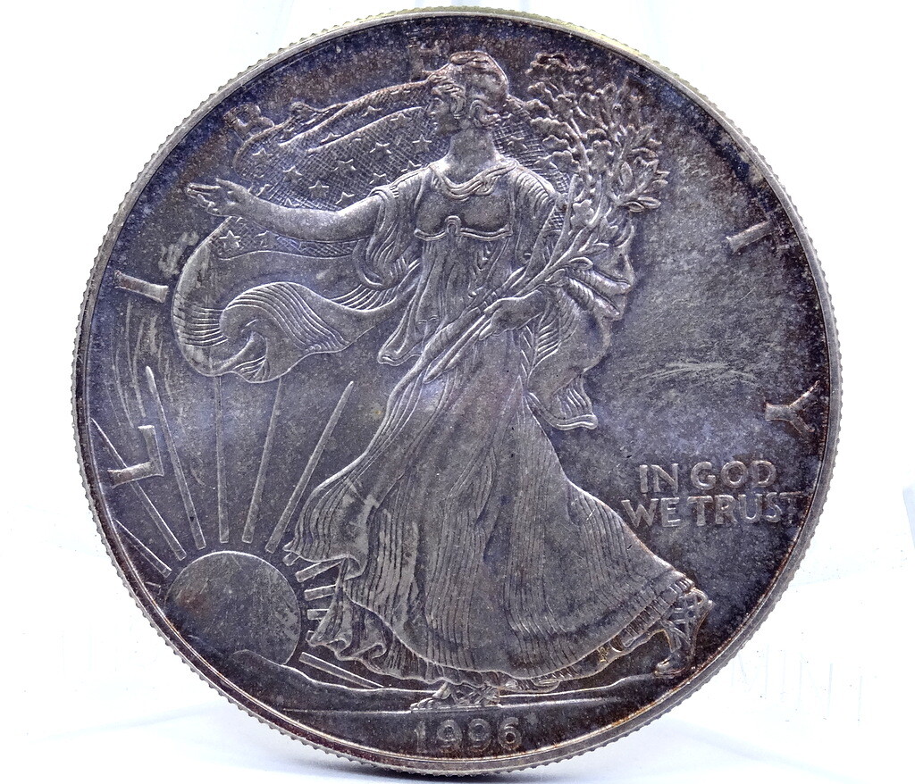 RARE RAINBOW TONED 1996 US AMERICAN EAGLE 1 OZ 999 SILVER WALKING