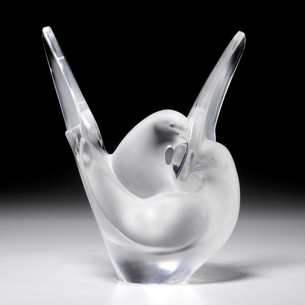 Lalique France Sylvie Love Birds Doves Frosted Crystal Flower Vase