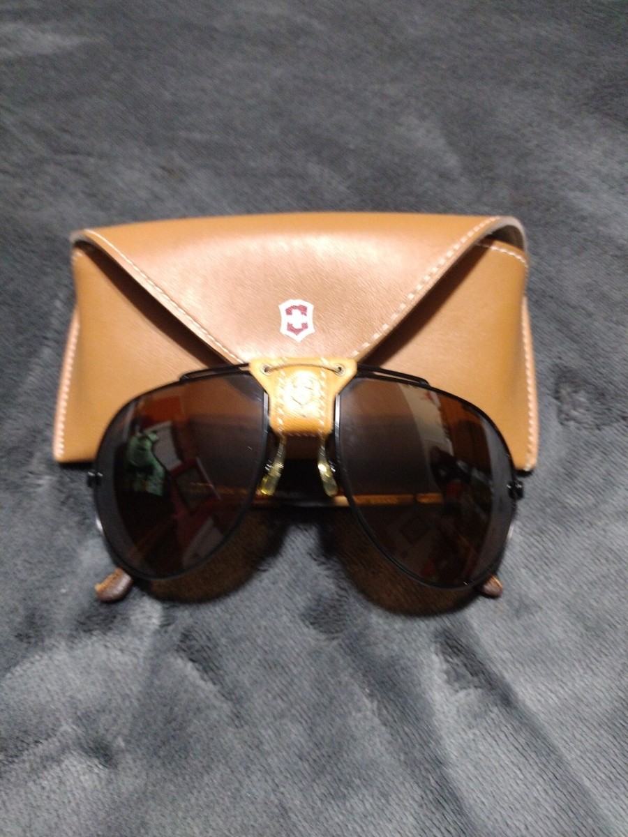 VTG Swiss Army 4000 Brown Leather Black Frame Aviator Sunglasses