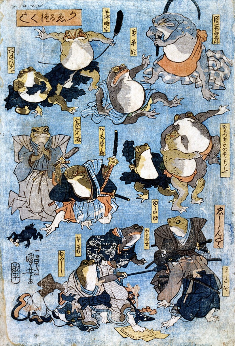 Japanese Art Print Kabuki Heroes Played by Frogs Utagawa Kuniyoshi