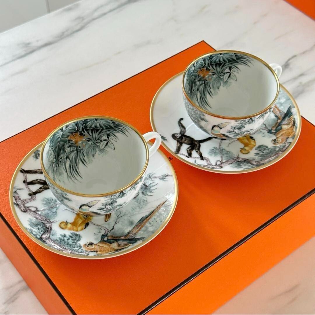 Hermes Carnets D'Equateur Tea Cup & Saucer Pair Robert Dallet