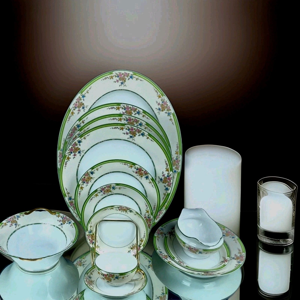 NORITAKE Pendarvis 88 Piece Dinnerware Set, Green Bands/Rim, Pink