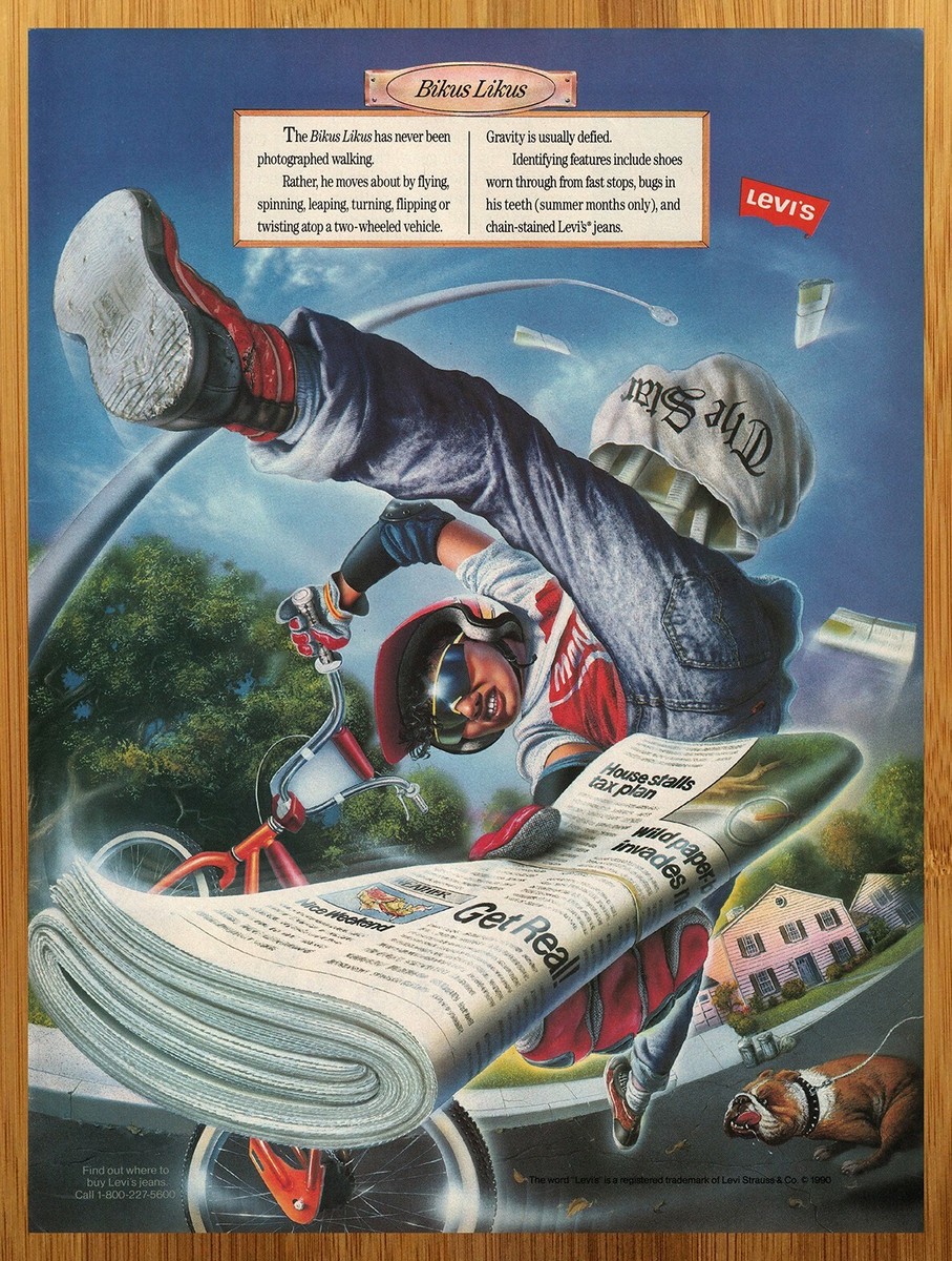 1990 Levi's Jeans Print Ad/Poster Paperboy BMX Bike No Fear/Rules