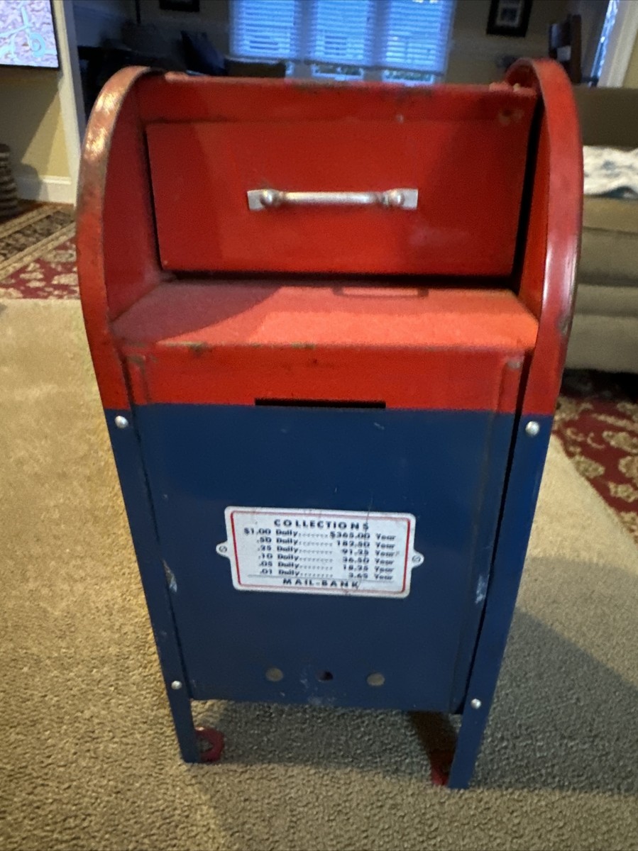 Vintage Red White Blue Painted US Mail Collection Box Bank Metal