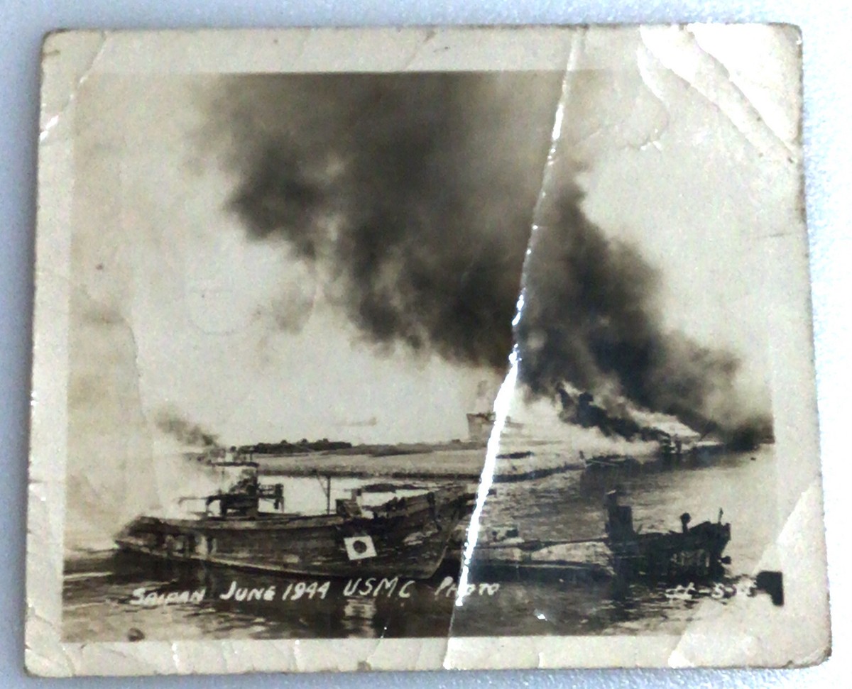 Original WWII USMC June 1944 Saipan Japanese Boats Burning Photo