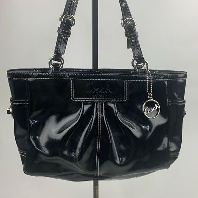 Coach Shiny Patent Leather Shoulder Bag Black Silver Pink Lined