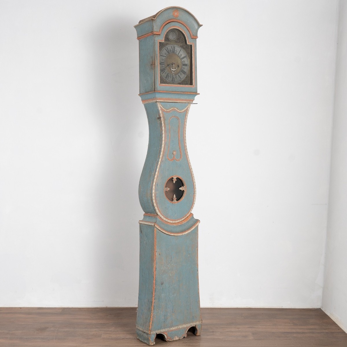 Original Blue Painted Tall Swedish Mora Grandfather Clock, circa