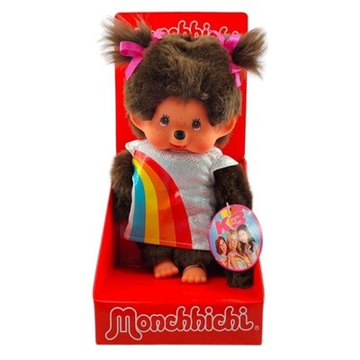 Monchhichi Girl Plush Brown Doll with K3 Rainbow Dress – 20cm Cute