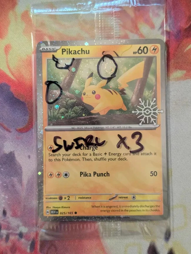 Pikachu ~3x Swirl~ 025/165 Factory Sealed Snowflake Stamp Cosmo