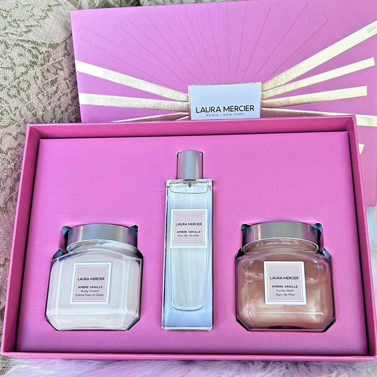 New 3PC Laura Mercier AMBRE Vanille perfume/Body Cream/Honey Bath
