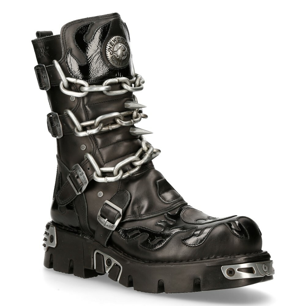 New Rock Unisex M.727-S1 Black Leather Boots Skull Chain Flame