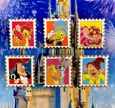 ✉️ Disney Postage Stamp 6 Pins Lady & Tramp Cheshire Cat Jiminy