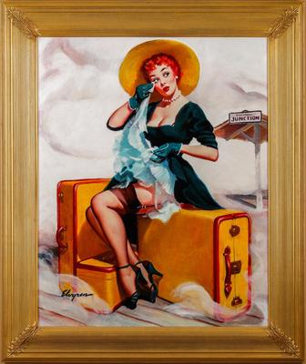 Gil ELVGREN Pinup WELCOME TRAVELER Original Painting TRAIN Pin-Up