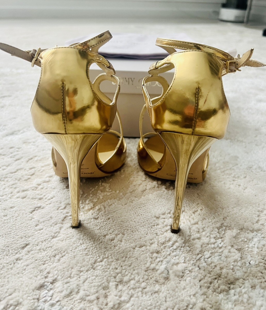 Jimmy Choo Lance 110 Gold Mirrored Sandals Shoes Size 37.5 Pre