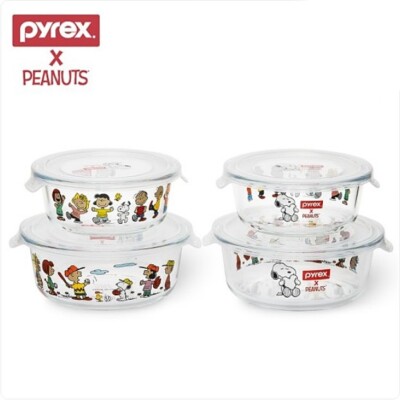Pyrex Peanuts Snoopy Glass Storage Heat Resistant Containers Round