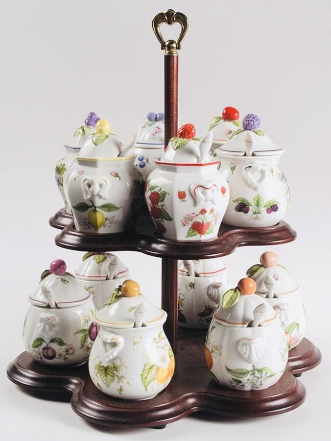 Vintage Lenox Orchard 12 Jelly Jars Set Wooden Stand Fine