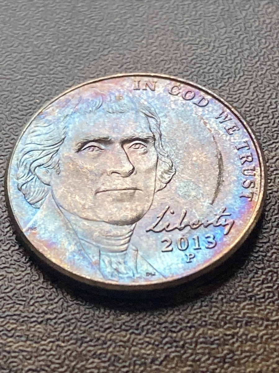 2013 P Jefferson Nickel Actual Coin Unique One-of-a-kind Blue Tone