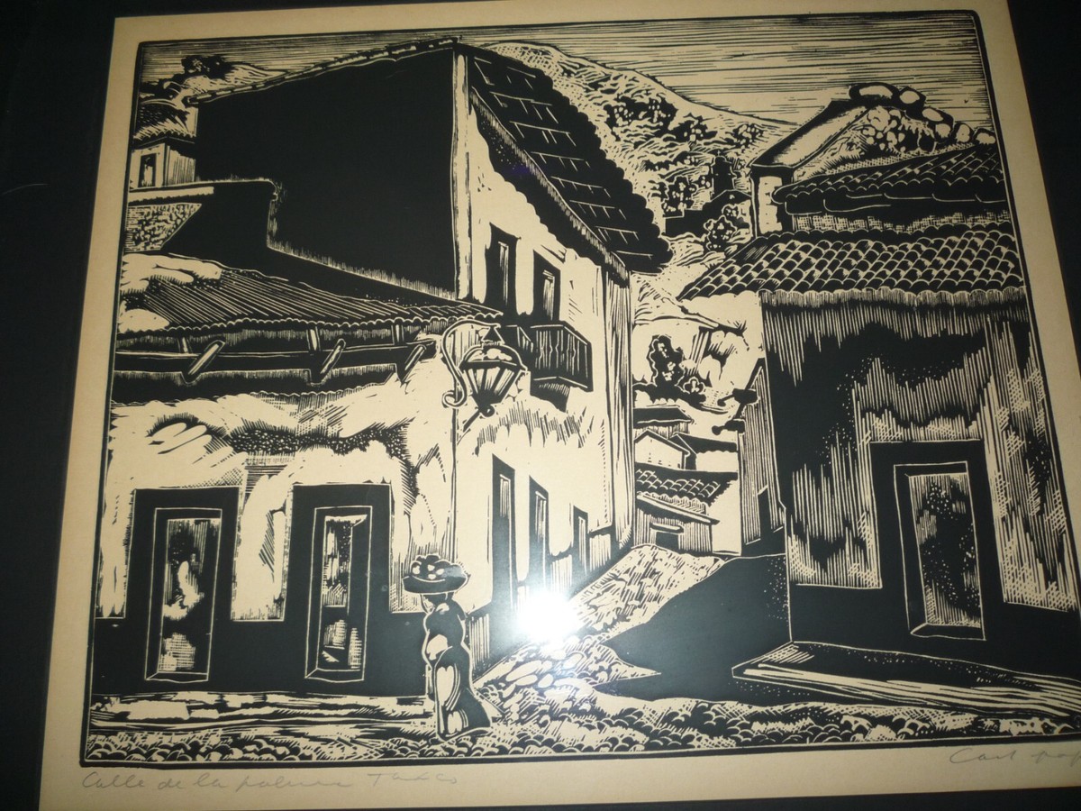 CARL PAPPE WOODBLOCK TAXCO MEXICO RARE STREET SCENE PENCIL SIGNED