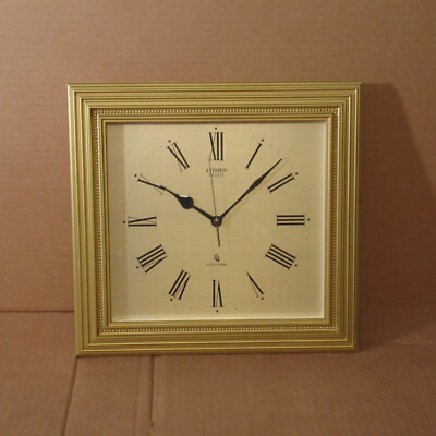 NICE Vtg Citizen Quartz Crystron Japan Wall Clock Gold Frame Roman