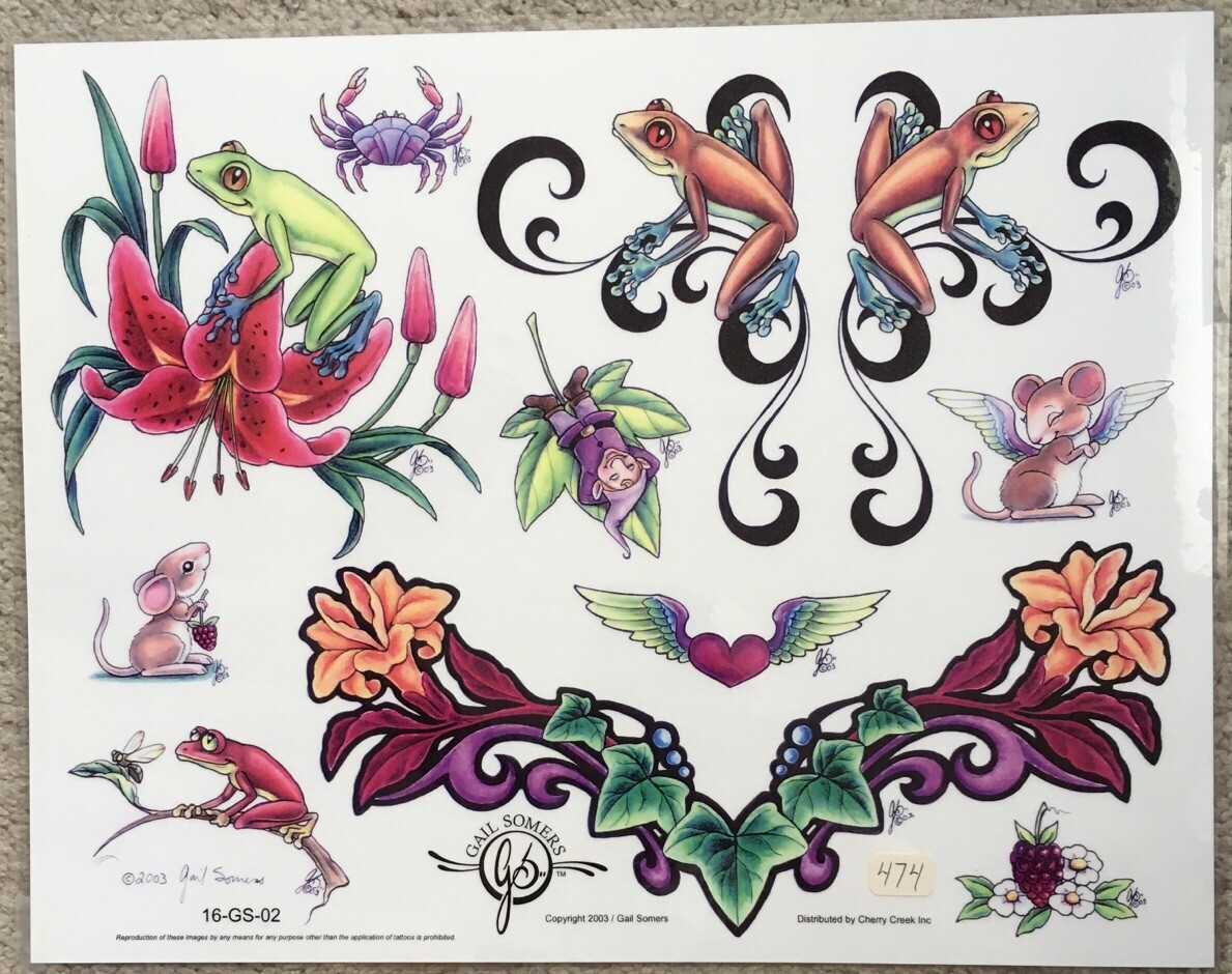 Tattoo Flash Single Sheet Print Frogs Flowers Mice by Gail Somers