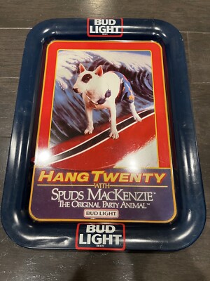 Vintage 1986 Bud Light Spuds MacKenzie Hang 20 Surfing Tin Metal
