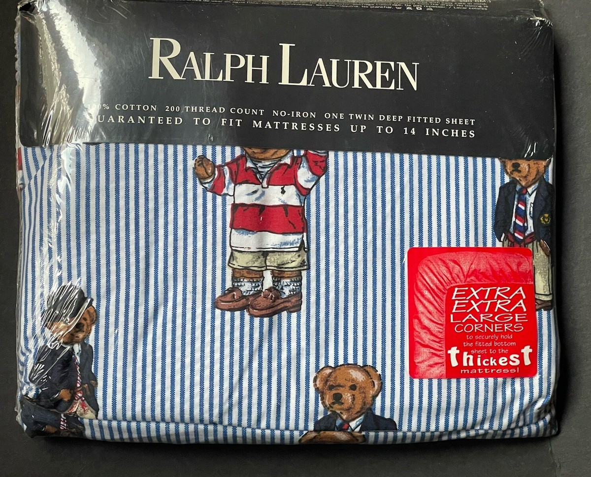 NEW! BLUE RALPH Lauren TWIN DEEP FITTED SHEET Polo BEAR Bed Stripe