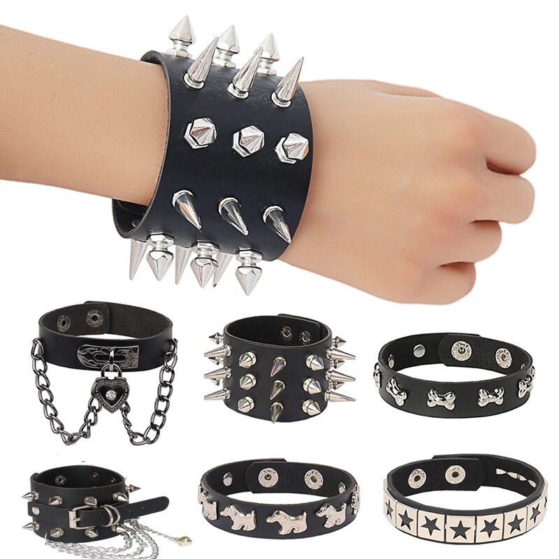 Punk Goth Biker Spike Studded Rivet Leather Wristband Bracelet for