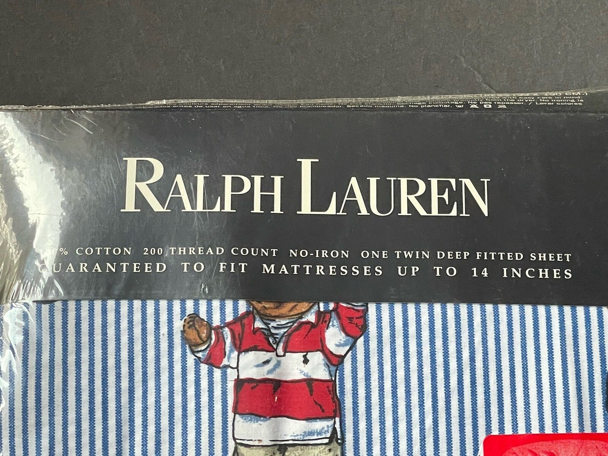 NEW! BLUE RALPH Lauren TWIN DEEP FITTED SHEET Polo BEAR Bed Stripe