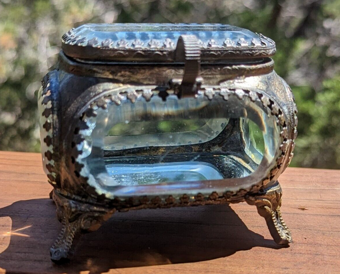 Antique Victorian Era Metal & Beveled Glass Jewelry Casket Case