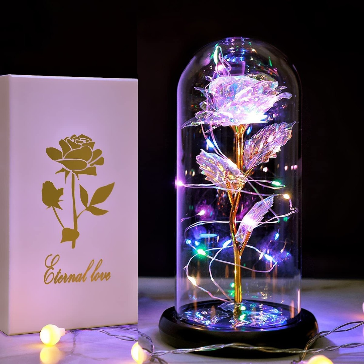 Glass Rose Crystal Flower Eternal In Glass Dome LED Light Up