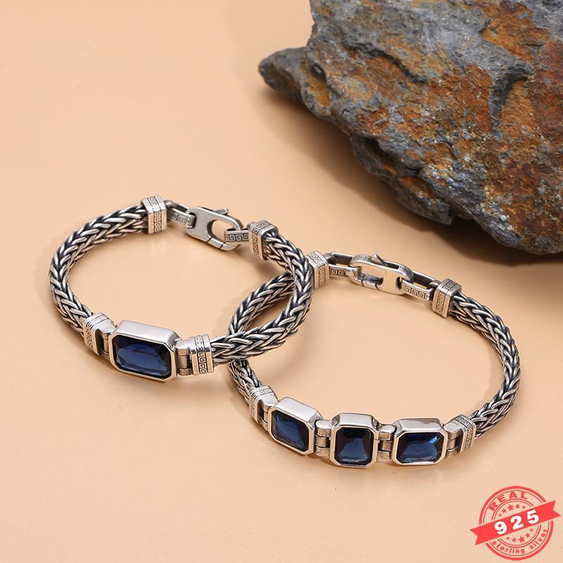 6MM Real 925 Sterling Silver Foxtail Braided Chain Blue Zircon