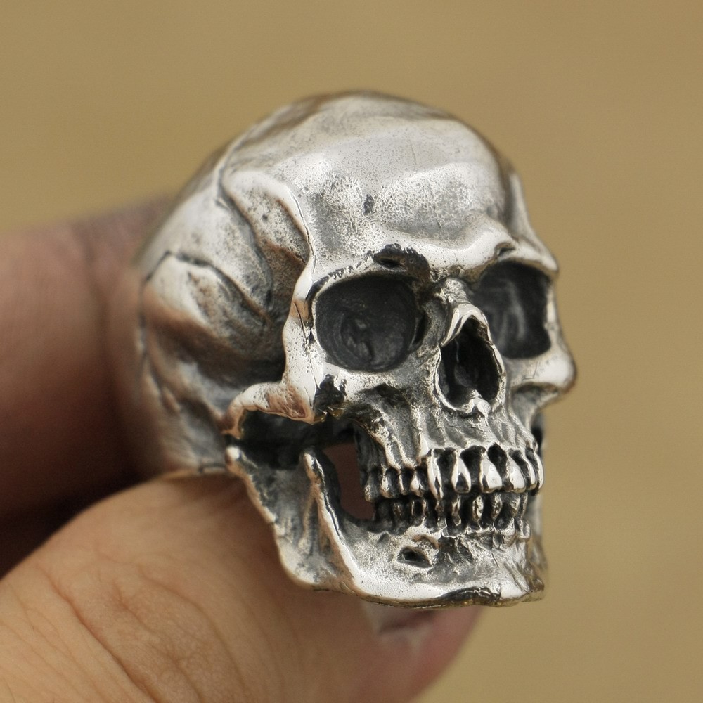 925 Silver Realistic Skull Ring Gothic Mens Statement Jewelry