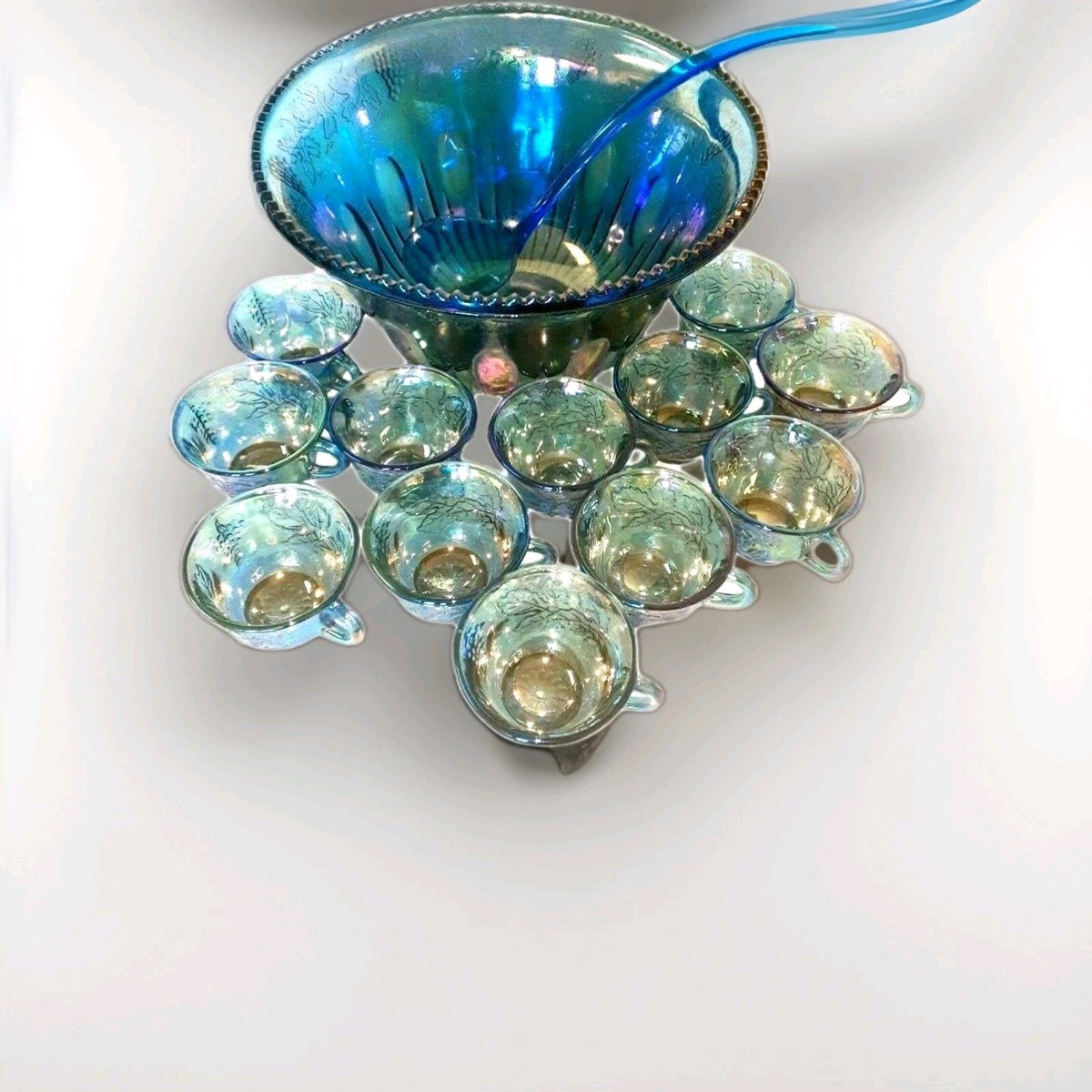 Vintage Indiana Glass Grape Harvest Punch Bowl Set Princess Blue