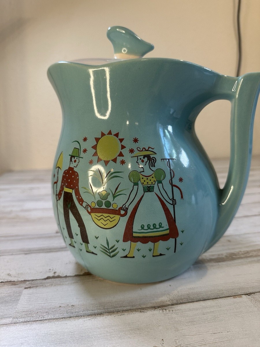 VINTAGE MCM 1960s McCOY Dutch Farmers Turquoise Teal PITCHER w/LID