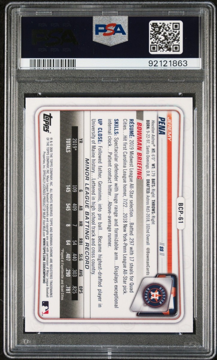 2020 Bowman Chrome Sapphire JEREMY PENA 1st Bowman PSA 9 MINT