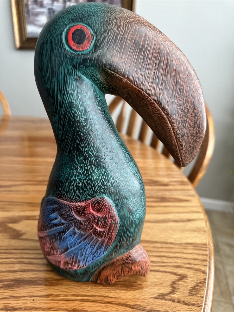 Vintage Wood Carved Toucan Bird Statue Hand Painted Made In