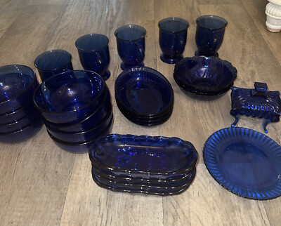 cobalt avon blue glass mix dinner set Bowls Mug Anchor Hocking