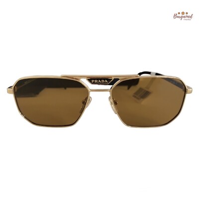 Auth Prada Pale Gold Metal Rectangle Sunglasses Brown Polarized