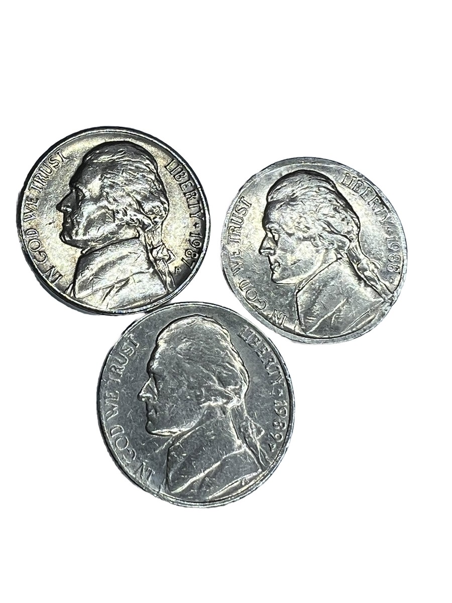 1987 P-1988 D & 1989 P Jefferson Nickel 3Coins With Multiple