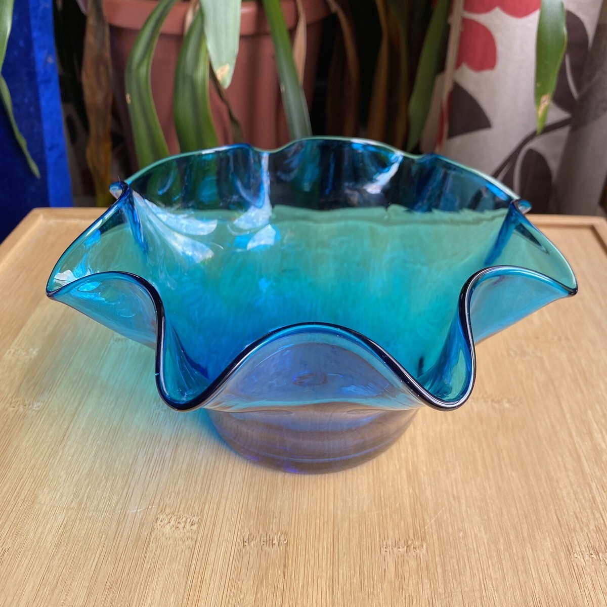 Vintage Blenko BOWL Hand Blown Turquoise BLUE Glass Ruffled Rim 8