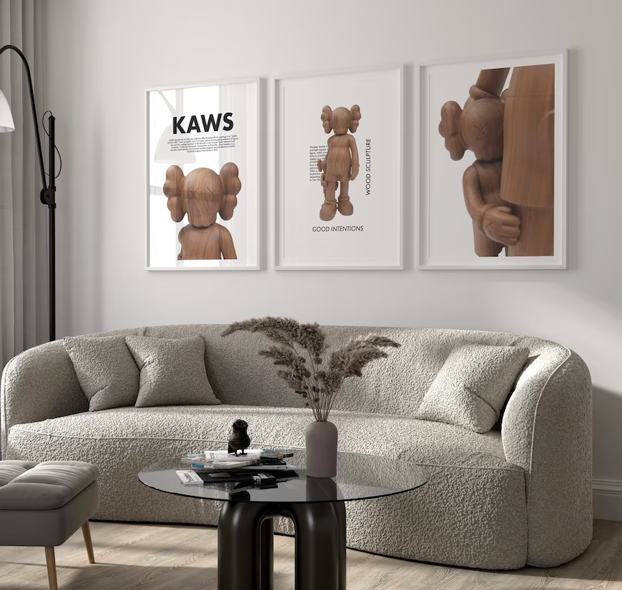 Hypebeast Kaws Wood Figure Wall Art Set of 3 Neutral Poster Prints