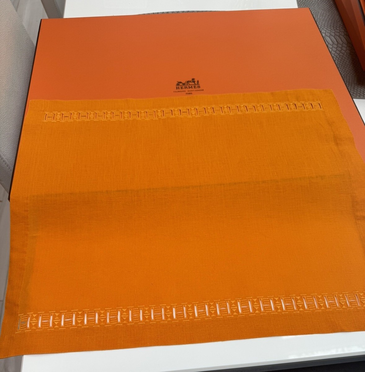 HERMES Orange 100% linen “H” Border Placemats | eBay
