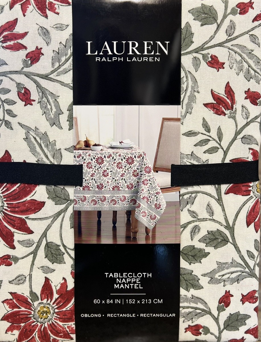 Ralph Lauren Red Green Jacobean Floral Cloth Tablecloth 60” X 84