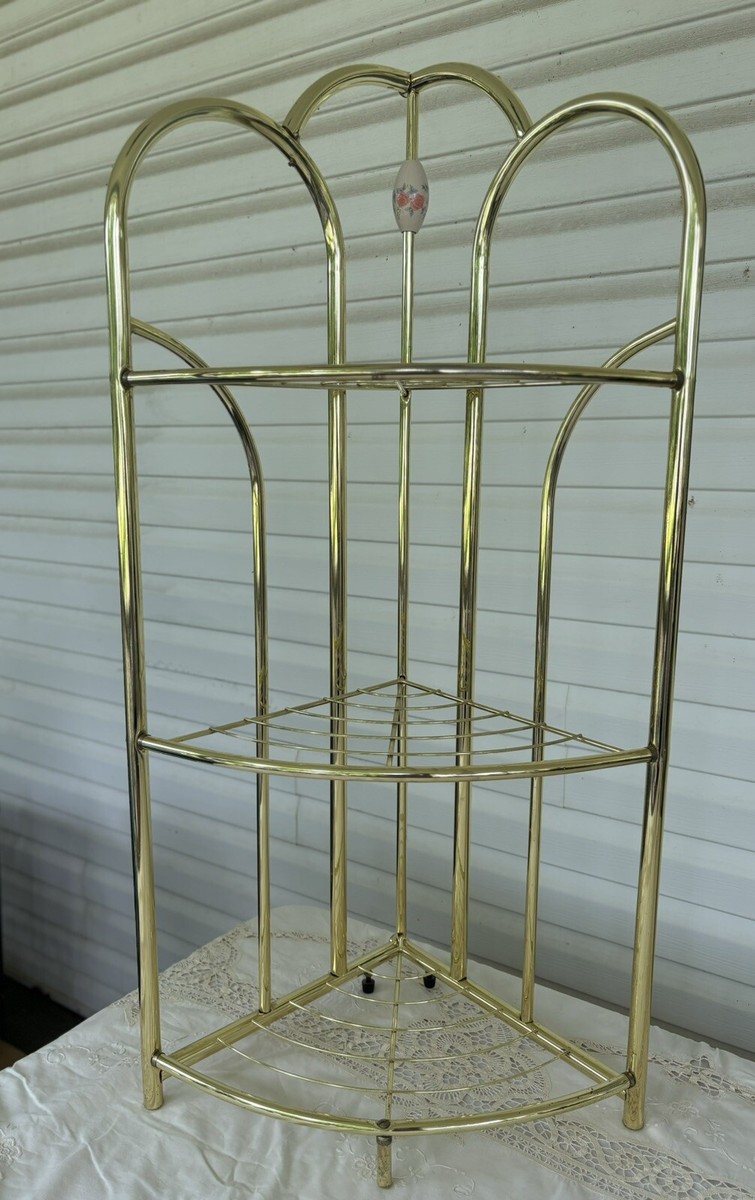 1980s Rosalco Commodore Brass Tubular Corner Shelf Plant Stand