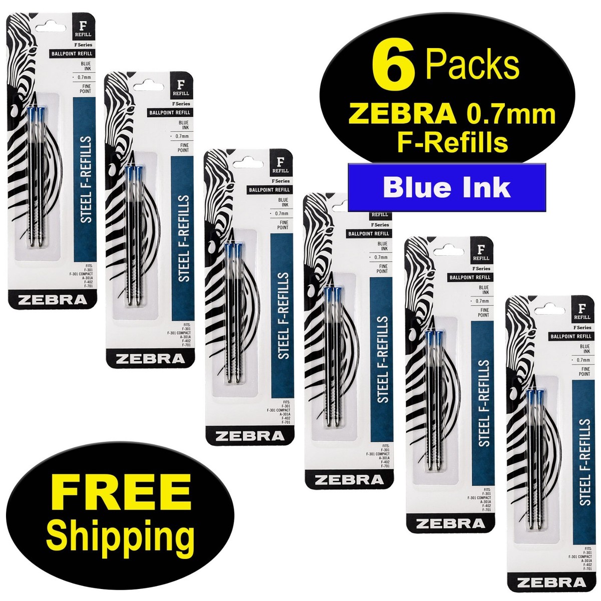 6 Packs 85522, Zebra F-Refills 0.7mm Blue Ink For F-301 Series, F