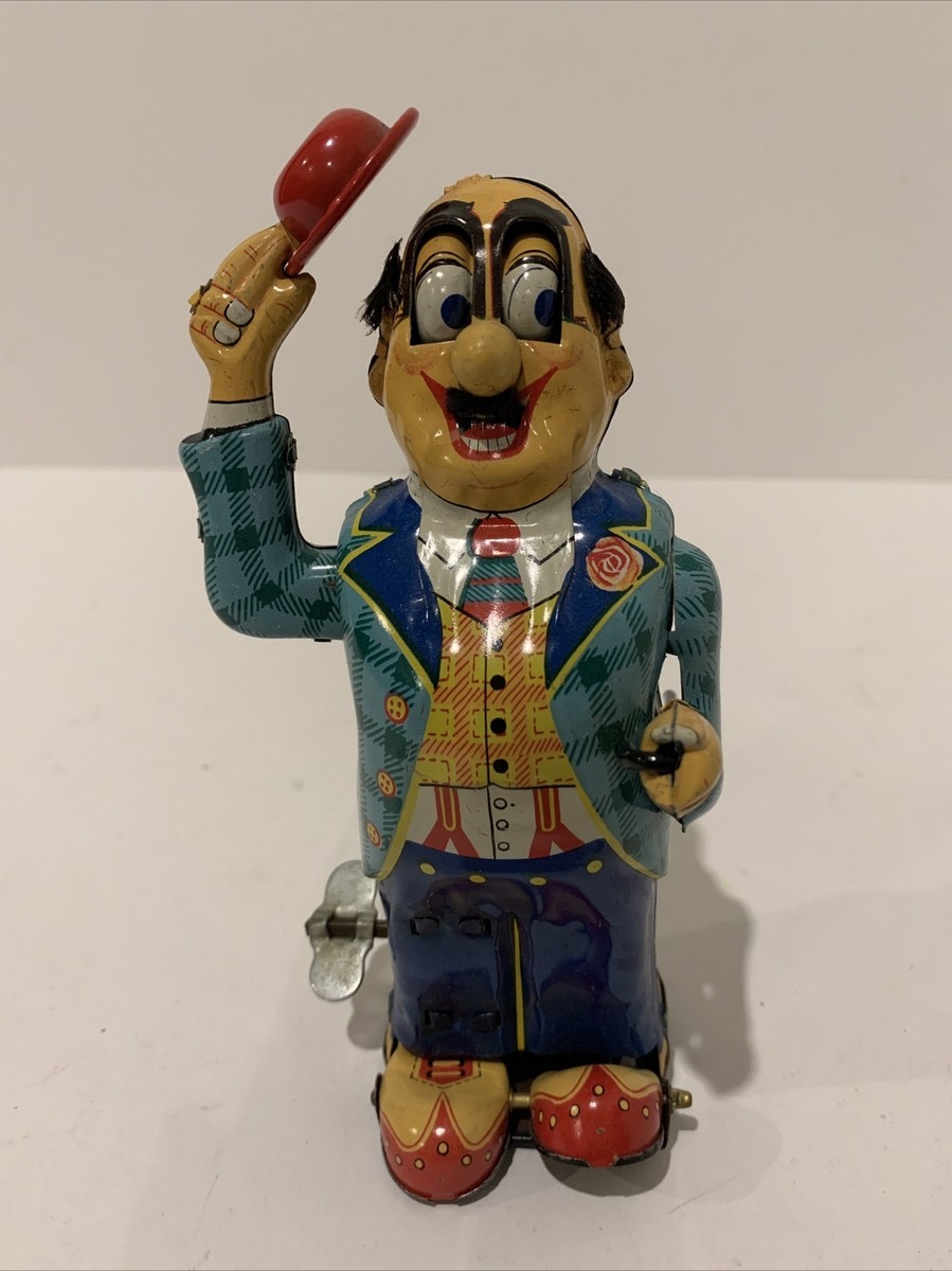 DANDY MECHANICAL MAN EYES MOVING HAT WINDUP TIN LITHO MIKUNI JAPAN
